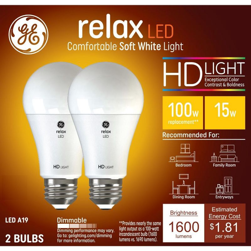 slide 1 of 9, GE Household Lighting GE 2pk 100W Relax A19 LED Light Bulbs Soft White, 2 ct