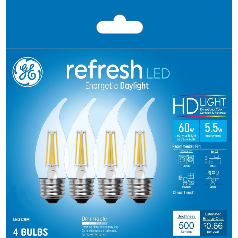 slide 1 of 6, GE Household Lighting GE 4pk 60W Refresh LED Clear Decorative Light Bulbs Daylight, 4 ct