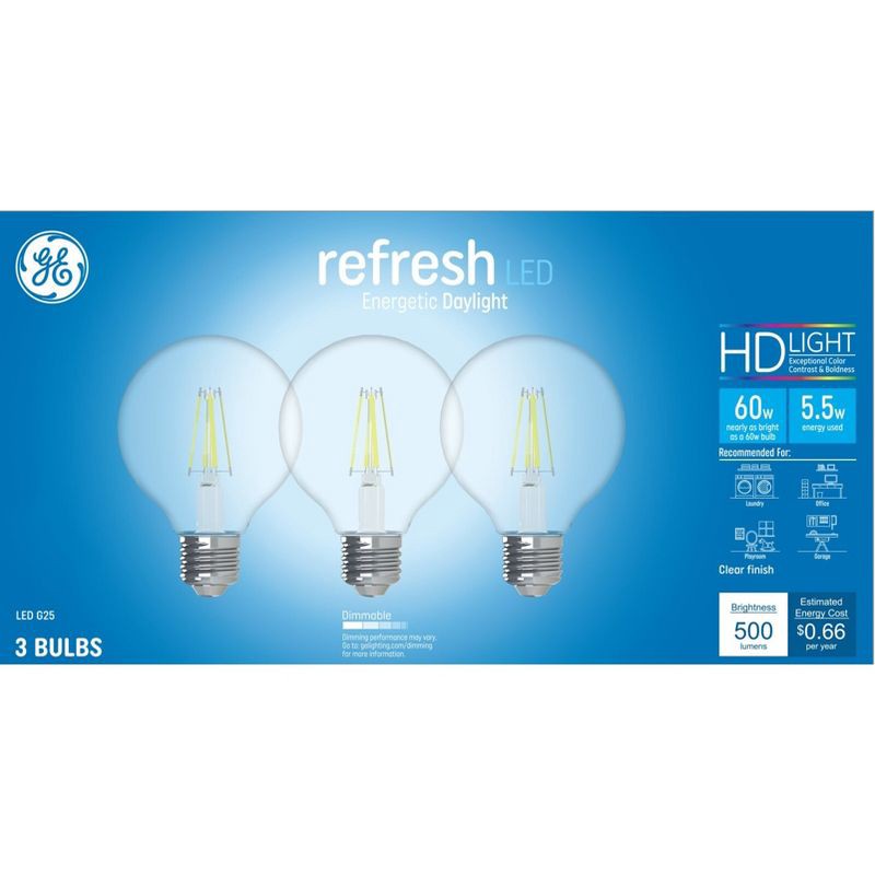 slide 1 of 6, GE Household Lighting GE 3pk 60W Refresh G25 LED Clear Globe Light Bulbs Daylight, 3 ct