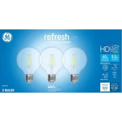 GE Household Lighting GE 3pk 60W Refresh G25 LED Clear Globe Light Bulbs Daylight