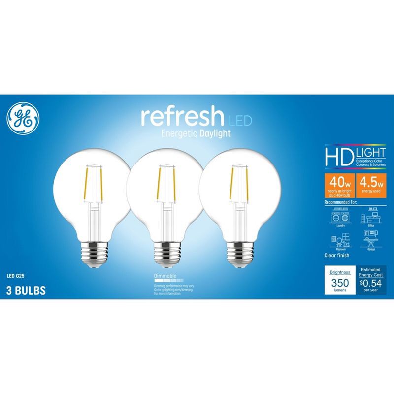 slide 1 of 6, GE Household Lighting GE 3pk 40W Refresh G25 LED Clear Globe Light Bulbs Daylight, 3 ct
