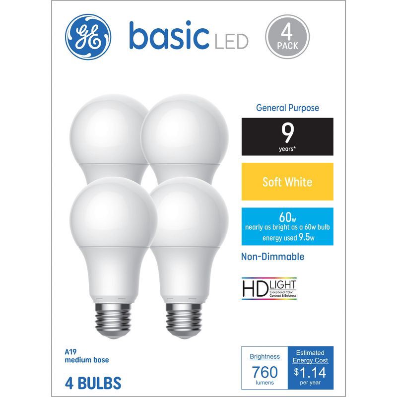 slide 1 of 6, GE Household Lighting GE 4pk 60W Basic A19 LED Light Bulbs Soft White, 4 ct