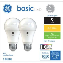 GE Household Lighting GE 2pk 75W Basic A19 LED Light Bulbs Soft White