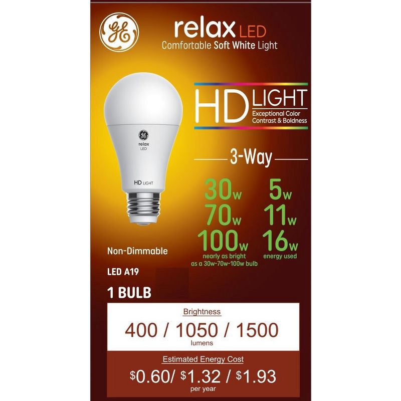 slide 1 of 6, GE Household Lighting GE Relax A19 LED 3-Way Light Bulb Soft White: 100W Equivalent, 1500 Lumens, Energy Star Certified, E26 Base, 2700K, 1 ct