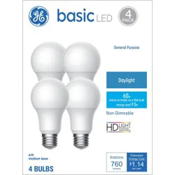 GE Household Lighting GE 4pk 60W Basic A19 LED Light Bulbs Daylight
