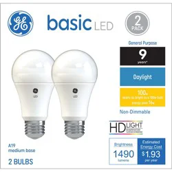 GE Household Lighting GE 2pk 100W Basic A19 LED Light Bulbs Daylight