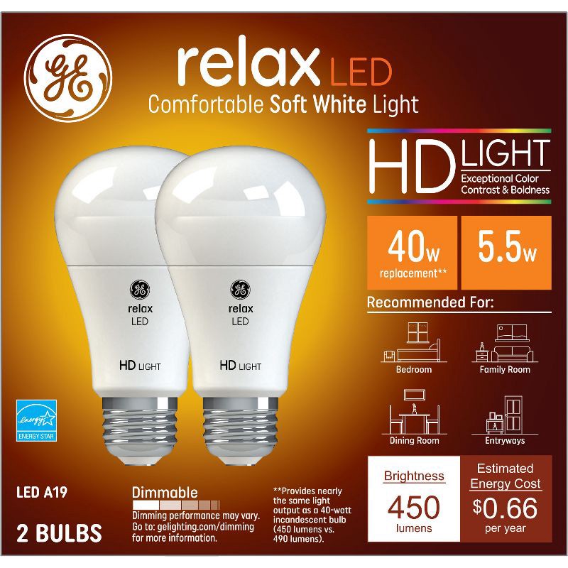 slide 1 of 7, GE Household Lighting GE 2pk 40W Relax A19 LED Light Bulbs Soft White: Dimmable, Energy Star, 450 Lumens, 2700K, 13.7-Year Life, 2 ct