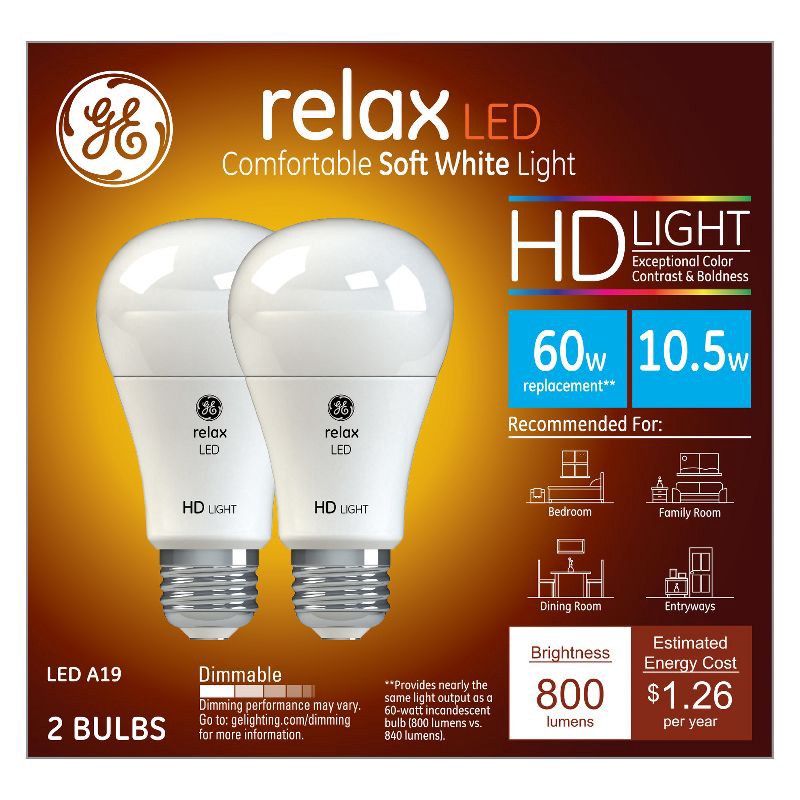 slide 1 of 2, GE Household Lighting GE 2pk 60W Equivalent Relax LED HD Light Bulbs Soft White, 2 ct