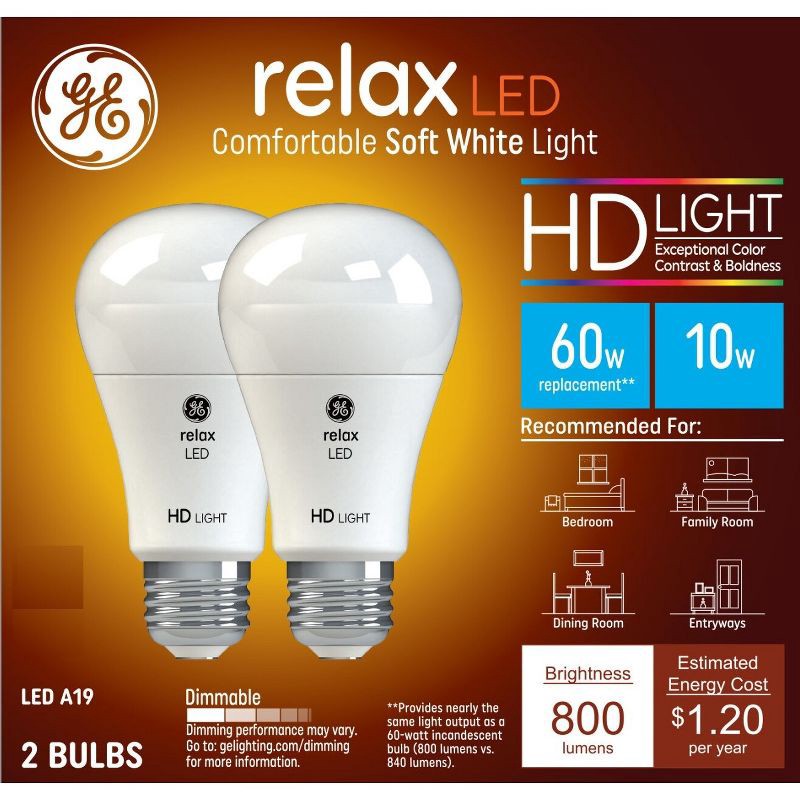 slide 1 of 7, GE Household Lighting GE 2pk 60W Relax G25 LED Globe Light Bulbs Soft White: Dimmable E26 Base, 800 Lumens, Energy Star Certified, 2 ct