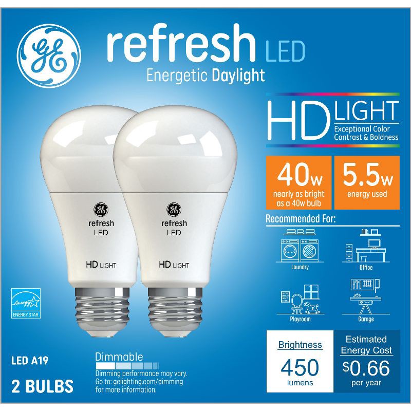 slide 6 of 8, GE Household Lighting GE 2pk 40W Refresh A19 LED Light Bulbs Daylight: Dimmable, 450 Lumens, 5000K, Energy Star Certified, 13.7-Year Life, 2 ct