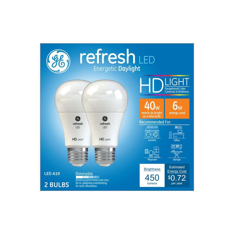 slide 1 of 8, GE Household Lighting GE 2pk 40W Refresh A19 LED Light Bulbs Daylight: Dimmable, 450 Lumens, 5000K, Energy Star Certified, 13.7-Year Life, 2 ct