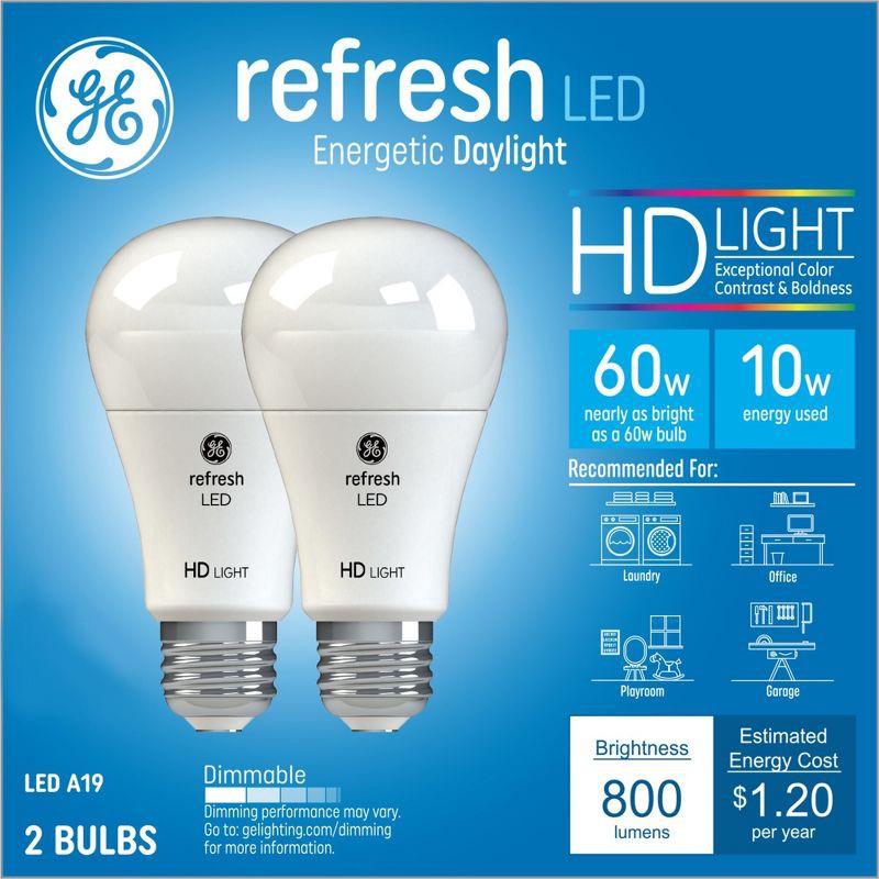 slide 1 of 5, GE Household Lighting GE 2pk 60W Refresh A19 LED Light Bulbs Daylight: 10W Dimmable, Energy Star, 800 Lumens, E26 Base, 5000K, 13.7-Year Life, 2 ct