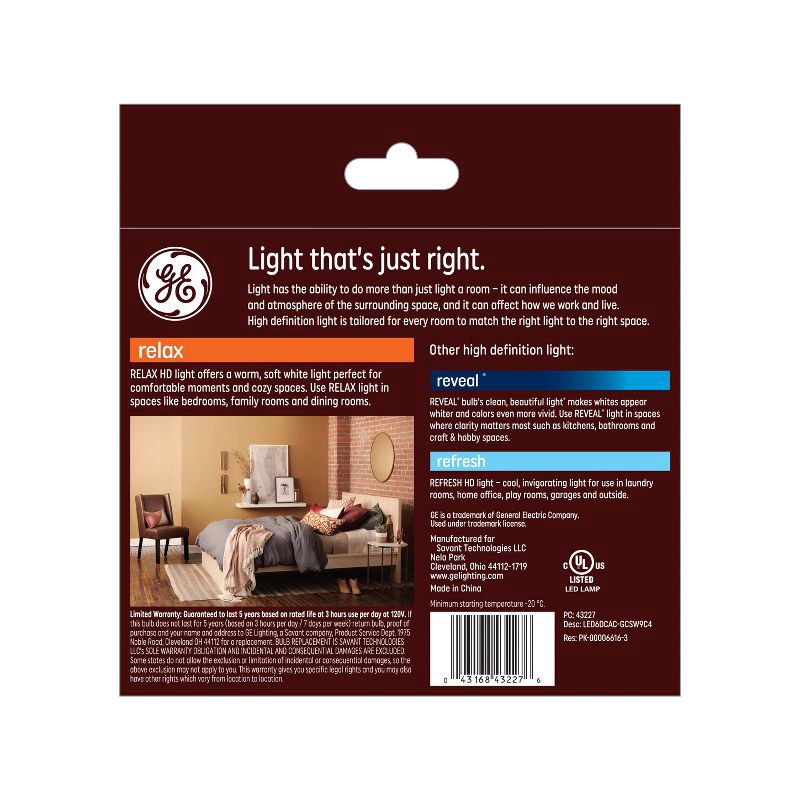 slide 2 of 6, GE Household Lighting GE 4pk 60W Relax LED Decorative Light Bulbs Soft White: Candelabra E12 Base, Dimmable, Energy Star, 500 Lumens, 4 ct