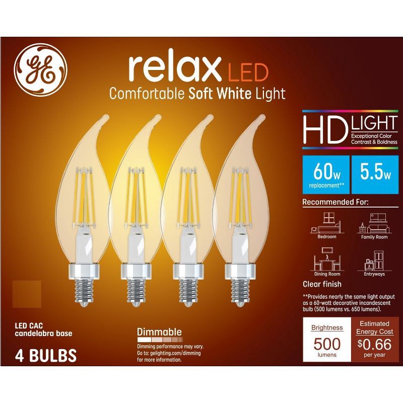 slide 1 of 6, GE Household Lighting GE 4pk 60W Relax LED Decorative Light Bulbs Soft White: Candelabra E12 Base, Dimmable, Energy Star, 500 Lumens, 4 ct
