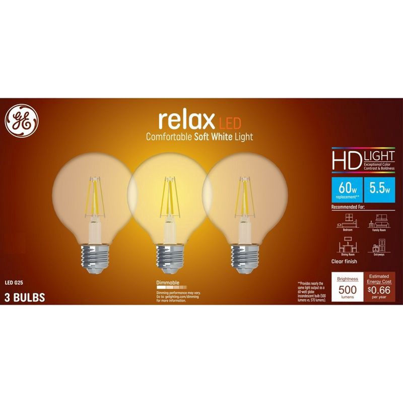 slide 1 of 4, GE Household Lighting GE 3pk 60W Relax G25 LED Clear Globe Light Bulbs Soft White, 3 ct