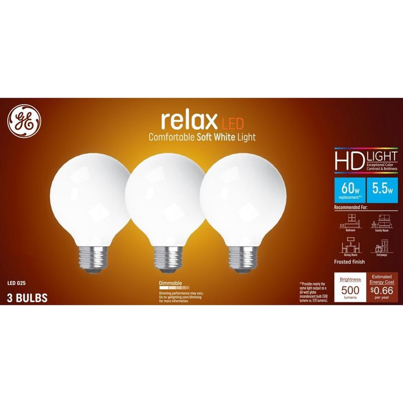 slide 1 of 6, GE Household Lighting GE 3pk 60W Relax G25 LED Globe Light Bulbs Soft White, 3 ct