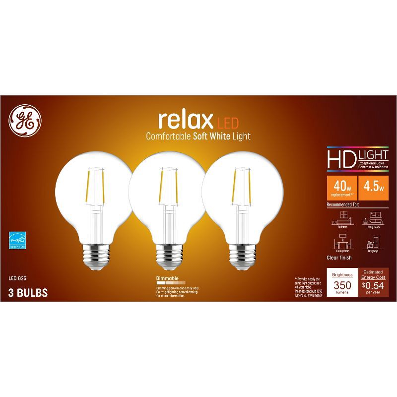 slide 1 of 5, GE Household Lighting GE 3pk 4.5W 40W Equivalent Relax LED HD Globe Light Bulbs, 3 ct
