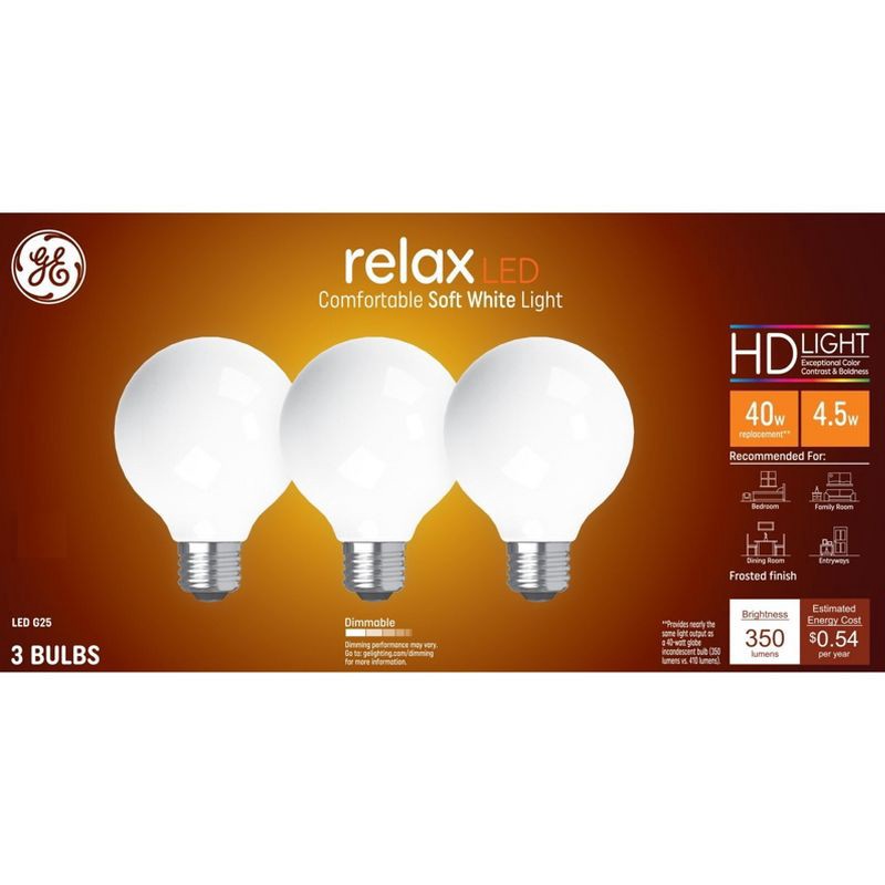 slide 1 of 7, GE Household Lighting GE 3pk 40W Relax G25 LED Globe Light Bulbs Soft White: Dimmable, Energy Star, 360 Lumens, 13.7-Year Life, E26 Base, 3 ct