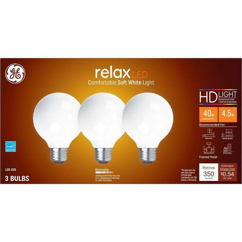 slide 1 of 7, GE Household Lighting GE 3pk 40W Relax G25 LED Globe Light Bulbs Soft White: Dimmable, Energy Star, 360 Lumens, 13.7-Year Life, E26 Base, 3 ct