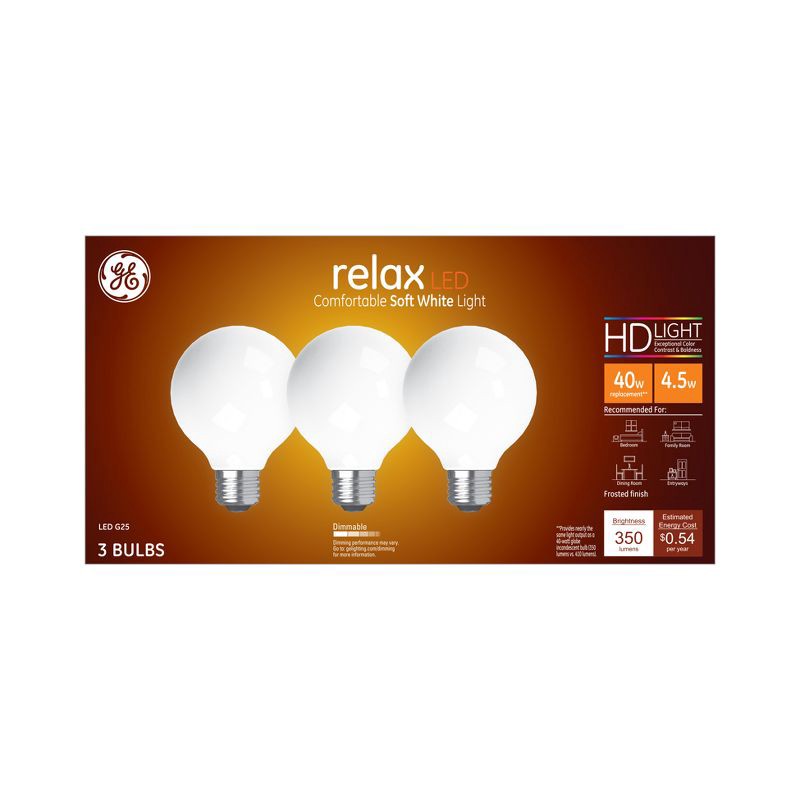 slide 1 of 2, GE Household Lighting GE 3pk 4.5W 40W Equivalent Relax LED HD Globe Light Bulbs Soft White, 3 ct