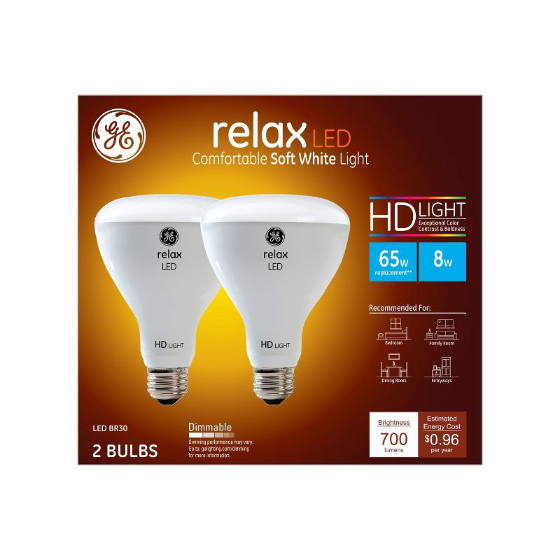 slide 1 of 2, GE Household Lighting GE 2pk 8W 65W Equivalent Relax LED HD Light Bulbs Soft White, 2 ct