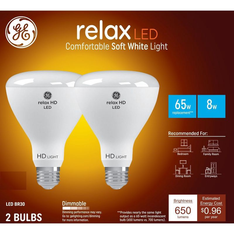 slide 1 of 6, GE Household Lighting GE 2pk 65W Relax BR30 LED Indoor Floodlight Bulbs Soft White, 2 ct