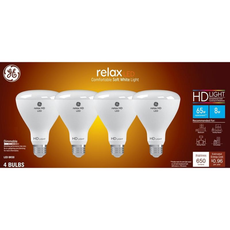 slide 1 of 7, GE Household Lighting GE 4pk 65W Relax BR30 LED Indoor Floodlight Bulbs Soft White, 4 ct