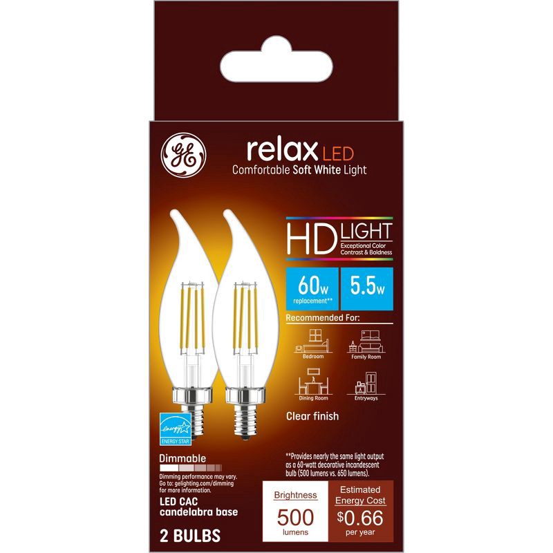 slide 1 of 4, GE Household Lighting GE 2pk 60W Clear Relax LED Decorative Light Bulbs Soft White: Candelabra E12 Base, Dimmable, Energy Star Certified, 2 ct