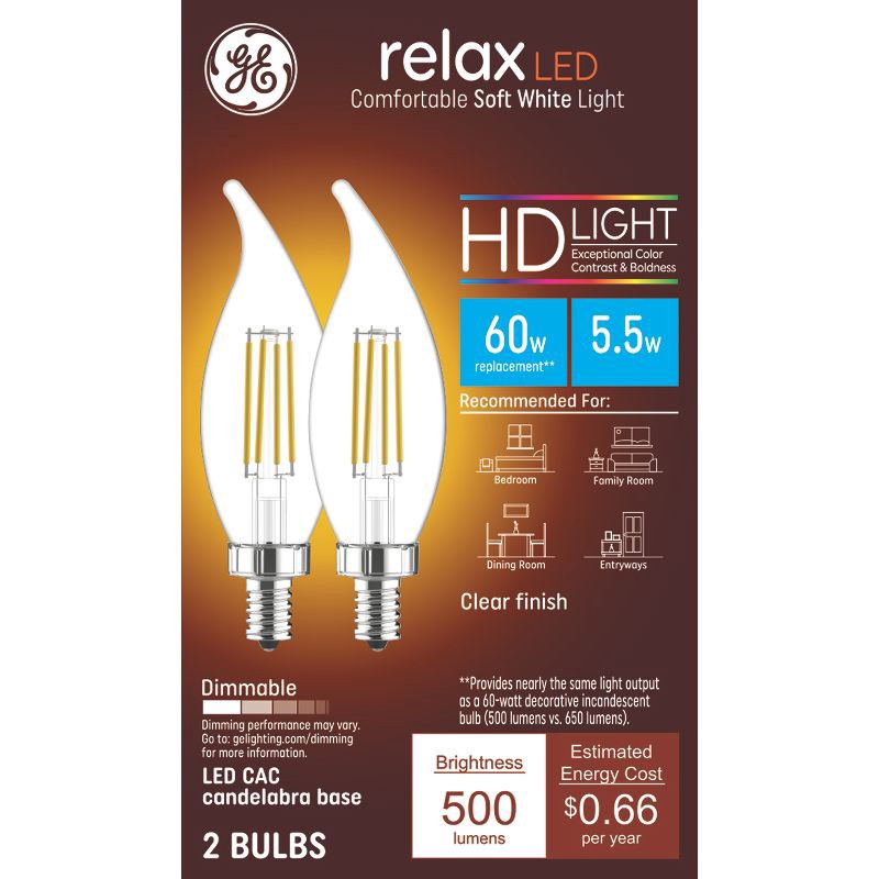 slide 1 of 3, GE Household Lighting GE 2pk 60W Clear Relax LED Decorative Light Bulbs Soft White, 2 ct