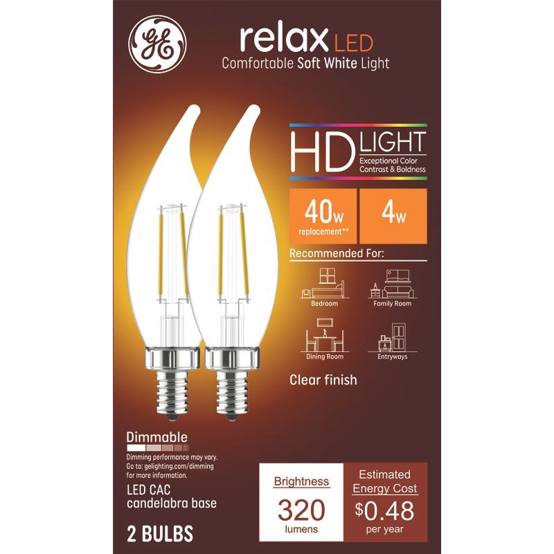 slide 1 of 8, GE Household Lighting GE 2pk Clear 40W Relax LED Decorative Light Bulbs Soft White, 2 ct