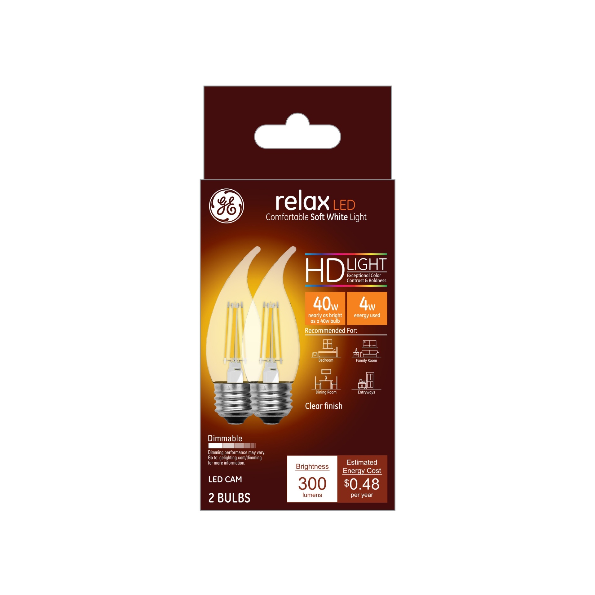 slide 1 of 2, GE Household Lighting General Electric 2pk 4W (40W Equivalent) Relax LED HD Decorative Light Bulbs Soft White, 2 ct