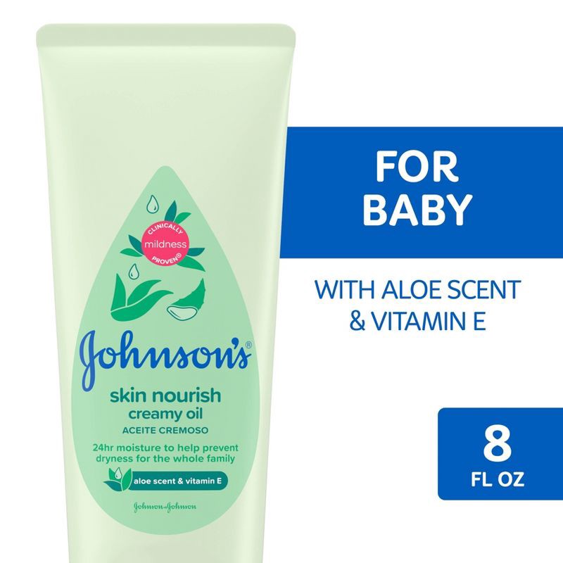 slide 2 of 8, Johnson's Baby Creamy Body Oil with Aloe & Vitamin E for Delicate Skin, Hypoallergenic - 8 fl oz, 8 fl oz