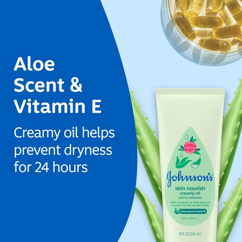 slide 3 of 8, Johnson's Baby Creamy Body Oil with Aloe & Vitamin E for Delicate Skin, Hypoallergenic - 8 fl oz, 8 fl oz