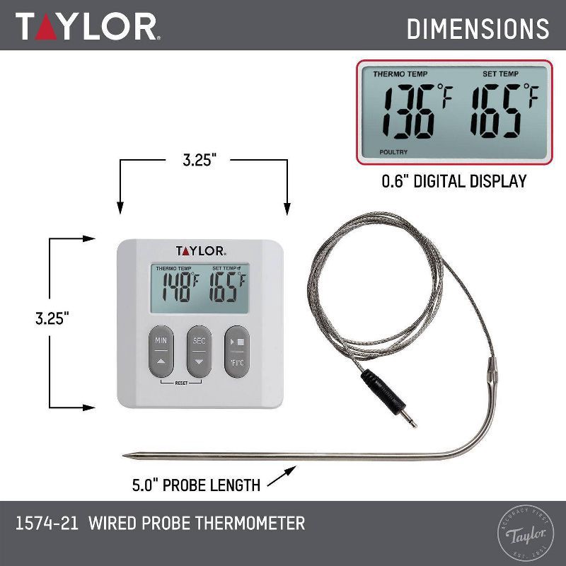 slide 2 of 8, Taylor Programmable Digital Probe Kitchen Meat Cooking Thermometer with Timer: Stainless Steel, Digital Display, 482°F Max, 1 ct