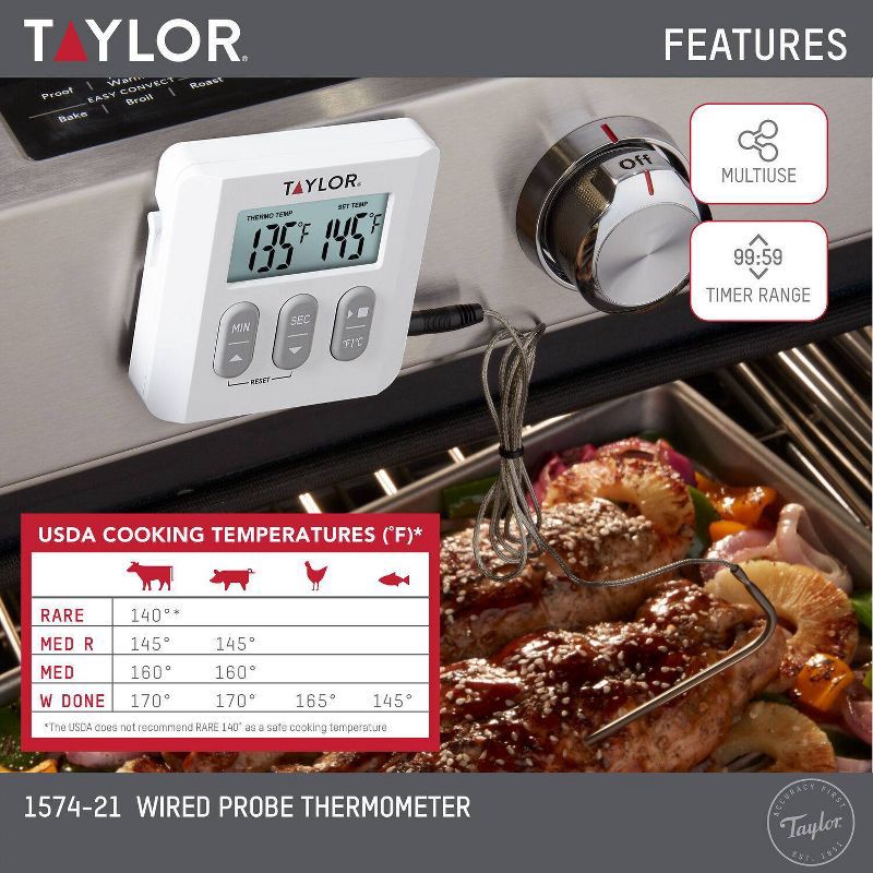 slide 6 of 7, Taylor Programmable Digital Probe Kitchen Meat Cooking Thermometer with Timer, 1 ct