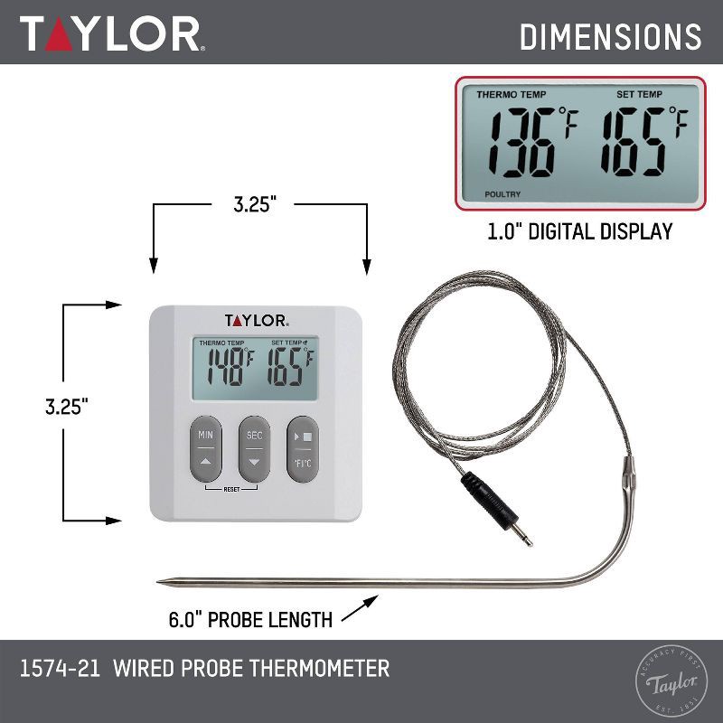 slide 7 of 7, Taylor Programmable Digital Probe Kitchen Meat Cooking Thermometer with Timer, 1 ct