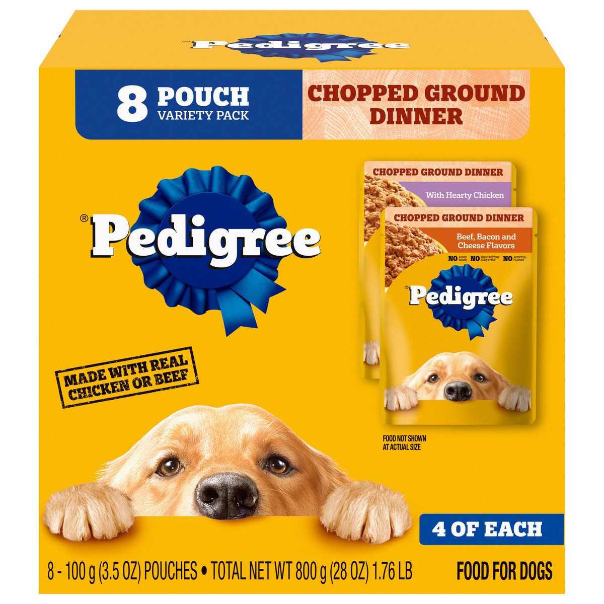 slide 1 of 4, Pedigree Chopped Ground Dinner Hearty Chicken/Beef, Bacon and Cheese Flavors Dog Food Variety Pack 8 - 3.5 oz Pouches, 8 ct