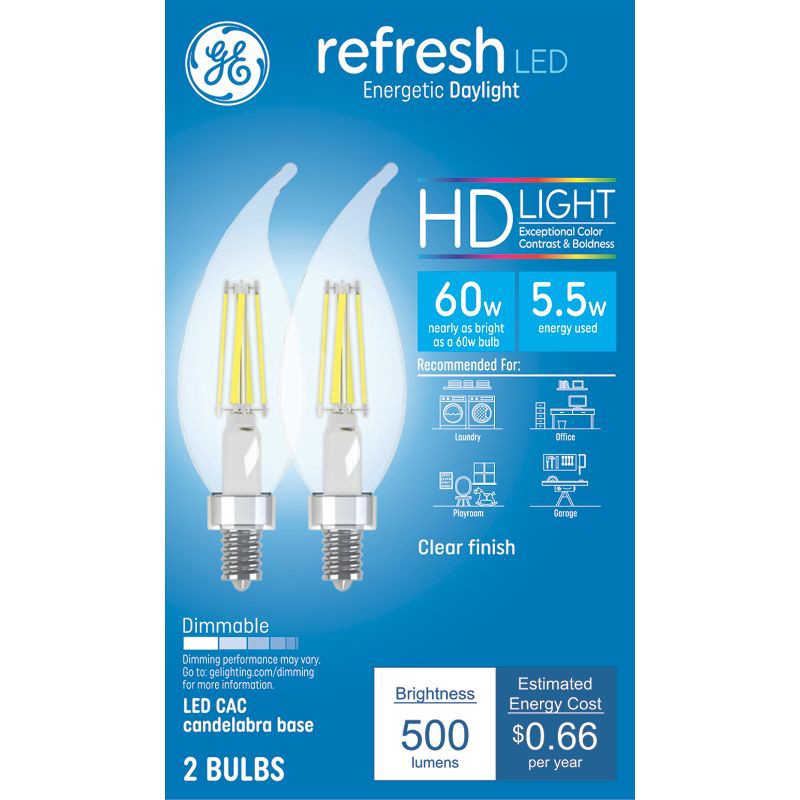 slide 1 of 9, GE Household Lighting GE 2pk 60W Clear Refresh LED Decorative Light Bulbs Daylight, 2 ct