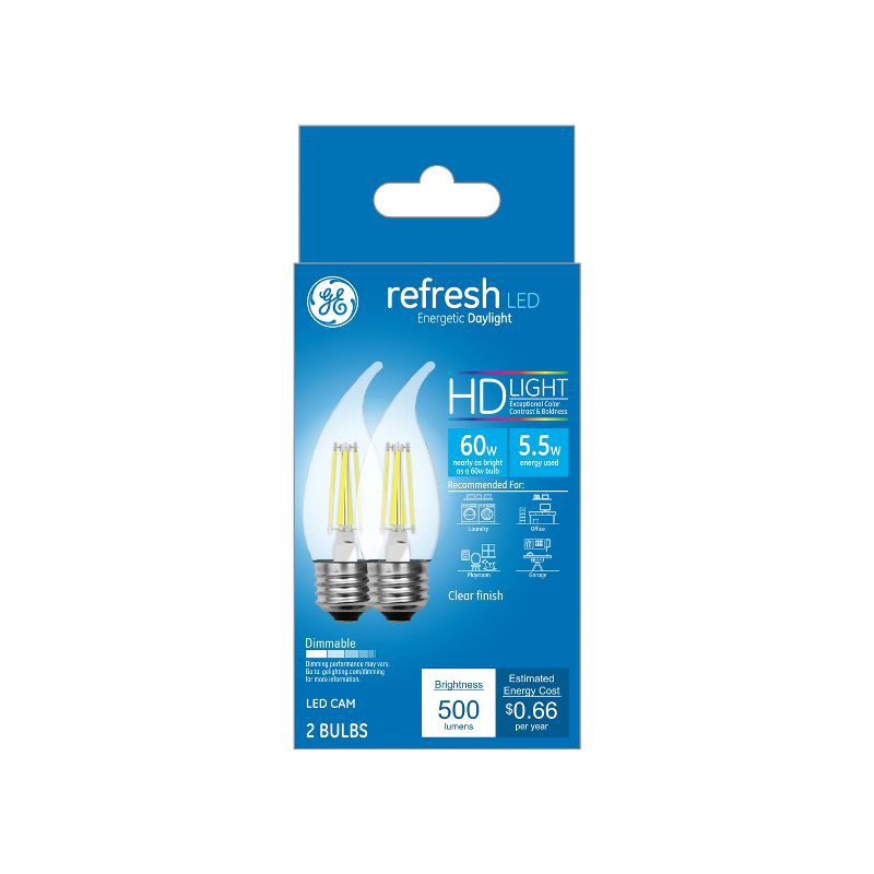 slide 1 of 3, GE Household Lighting GE 2pk 5.5W 60W Equivalent Refresh LED HD Decorative Light Bulbs Daylight, 2 ct