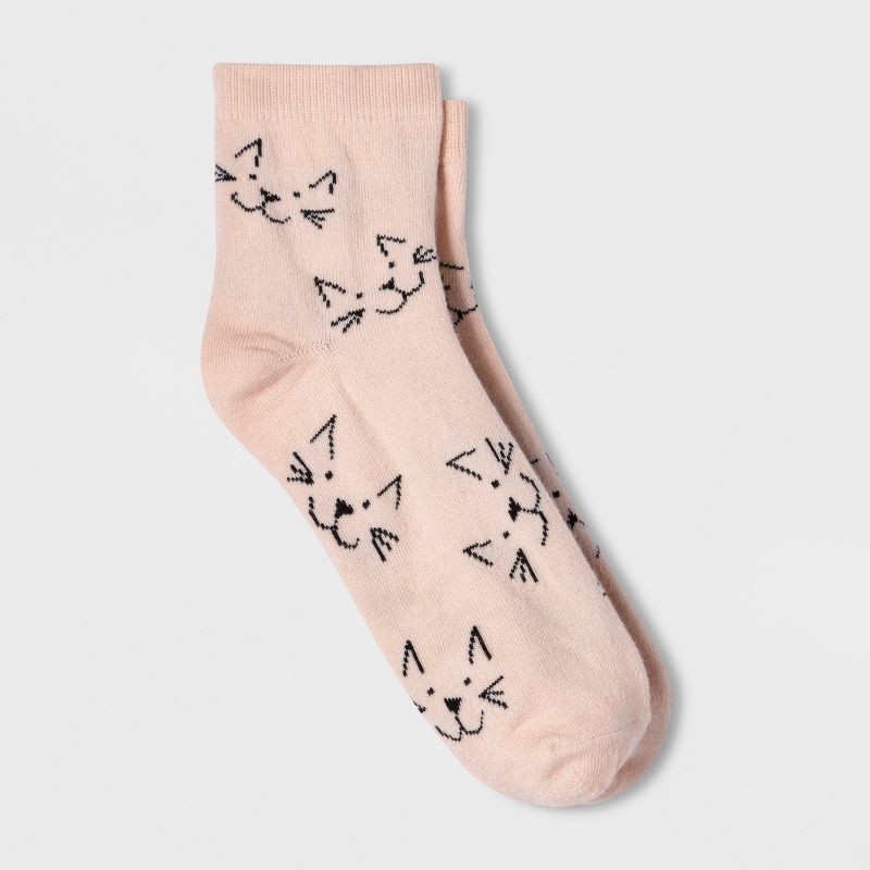 slide 1 of 2, Women's Cat Faces Ankle Socks - Xhilaration™ Peach 4-10, 1 ct