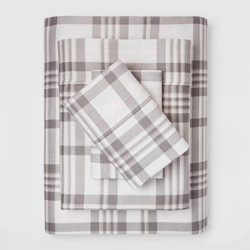 slide 1 of 4, Queen 400 Thread Count Printed Performance Sheet Set Plaid Twill Gray - Threshold™, 1 ct