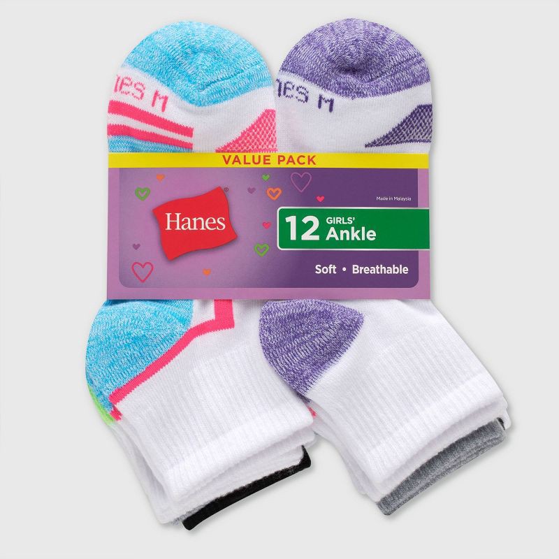 slide 2 of 4, Hanes Girls' 12pk Ankle Athletic Socks - Color May Vary M, 12 ct