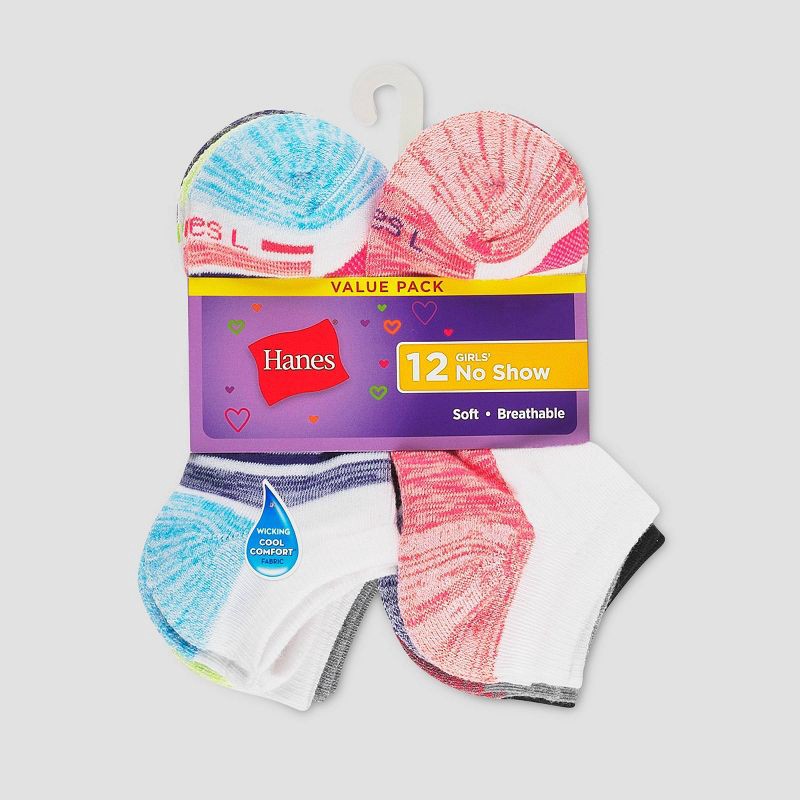 slide 2 of 3, Hanes Girls' 11 + 1 Bonus Pack No Show Athletic Socks - Colors May Vary L, 1 ct