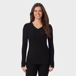 Warm Essentials by Cuddl Duds Women's Textured Fleece Thermal V-Neck Top - Black XL