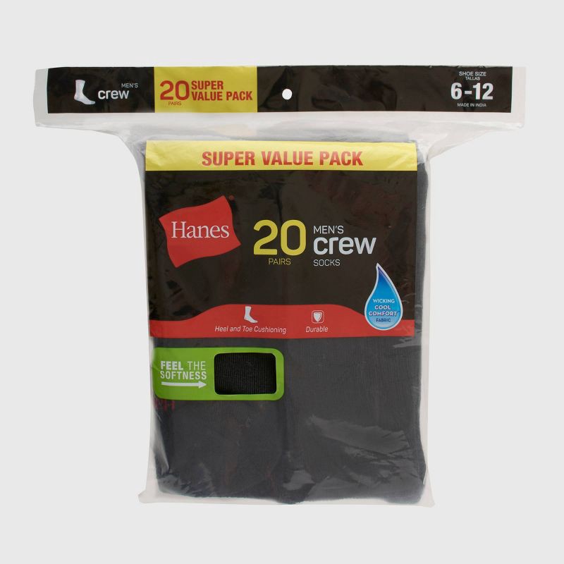 slide 3 of 4, Hanes Men's 20pk Lightweight Comfort Super Value Crew Socks - Black 6-12: Moisture Wicking, Banded Cuff, 20 ct