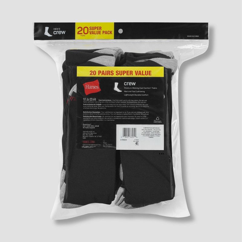 slide 4 of 4, Hanes Men's 20pk Lightweight Comfort Super Value Crew Socks - Black 6-12: Moisture Wicking, Banded Cuff, 20 ct