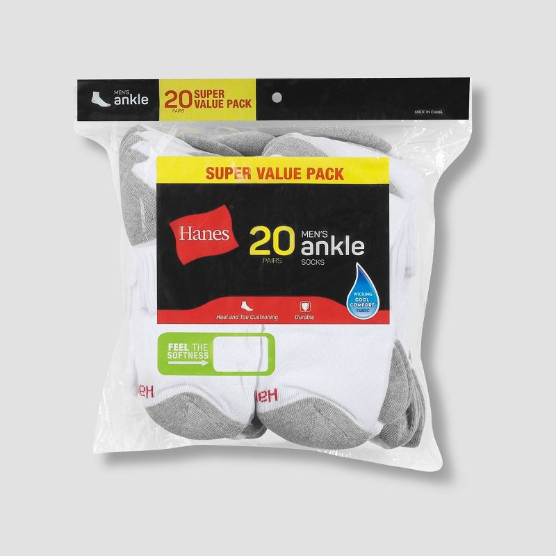 slide 3 of 4, Hanes Men's 20pk Lightweight Comfort Super Value Ankle Socks - White/Gray 6-12: Moisture Wicking, Ribbed Design, 20 ct