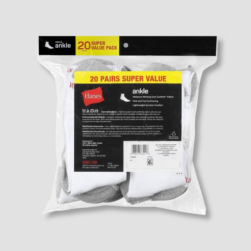 slide 4 of 4, Hanes Men's 20pk Lightweight Comfort Super Value Ankle Socks - White/Gray 6-12: Moisture Wicking, Ribbed Design, 20 ct