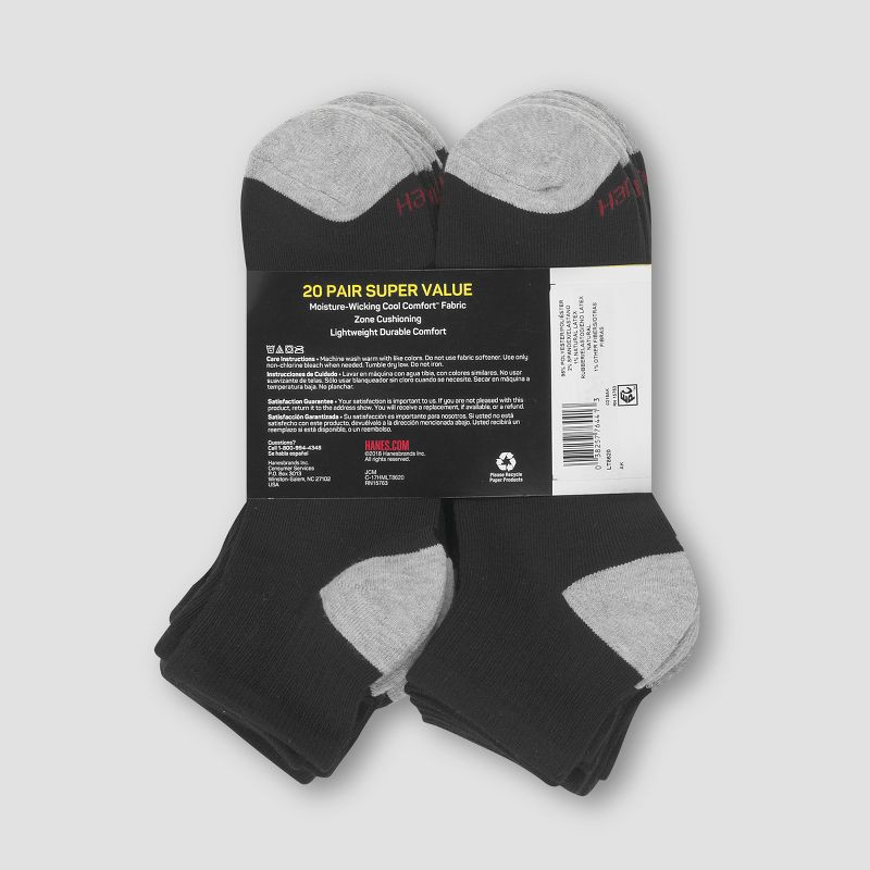 slide 2 of 4, Hanes Men's Lightweight Comfort Super Value Ankle Socks 20pk - Black/Gray 6-12: Moisture Wicking, Breathable, Ribbed Design, 20 ct