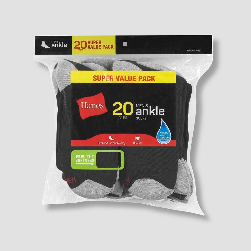 slide 3 of 4, Hanes Men's Lightweight Comfort Super Value Ankle Socks 20pk - Black/Gray 6-12: Moisture Wicking, Breathable, Ribbed Design, 20 ct